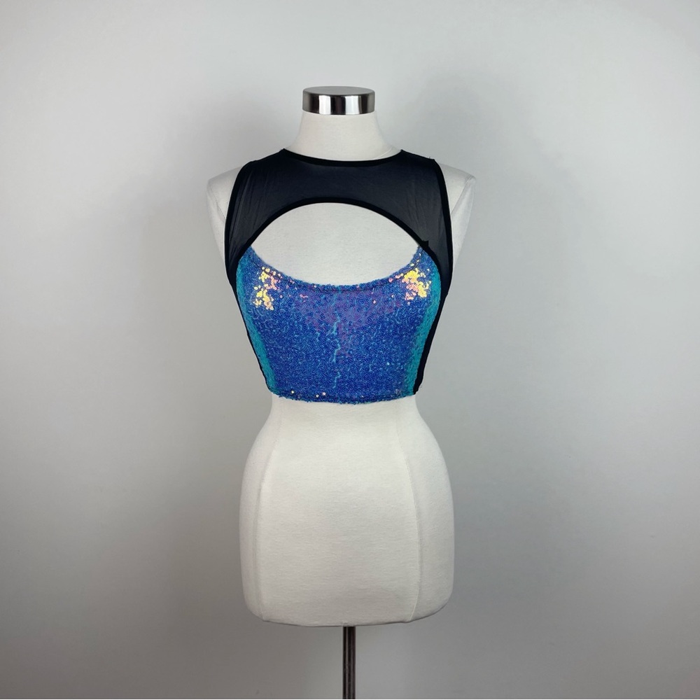 J Valentine Blue Sequin Sparkle Black Mesh Sheer See Through Key Hole Top Crop